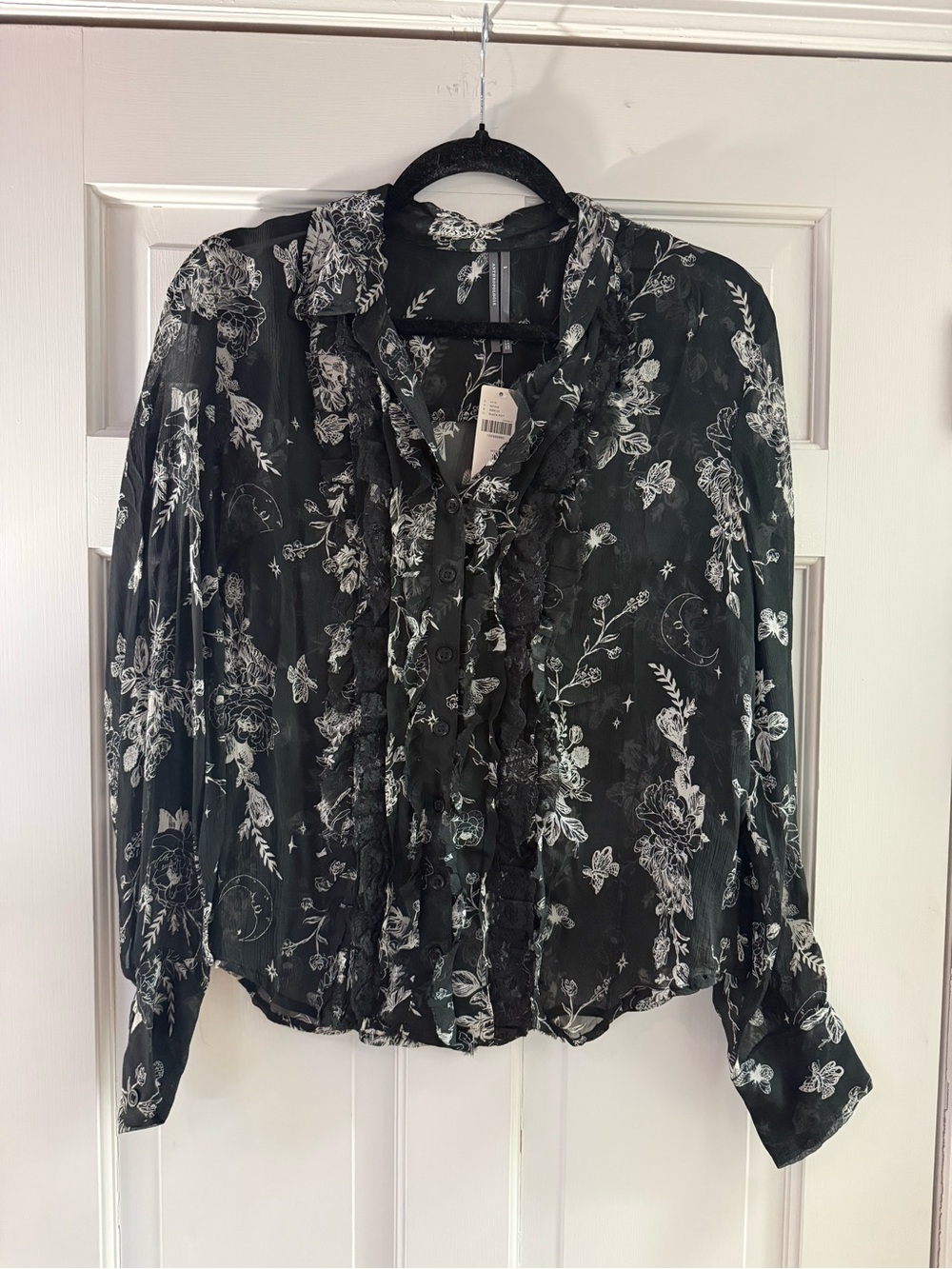 Anthropologie Sheer Black Floral Ruffle Blouse